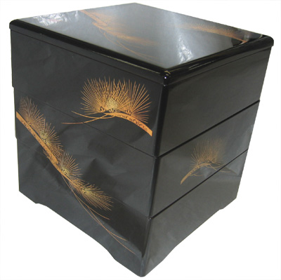 木製黒内朱６５三段重老松/重箱