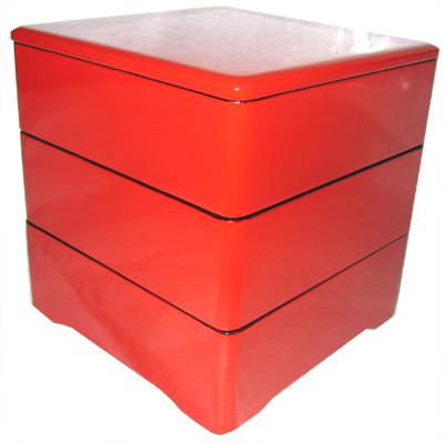 木製五寸角総朱三段弁漆塗仕切(箸付)/重箱