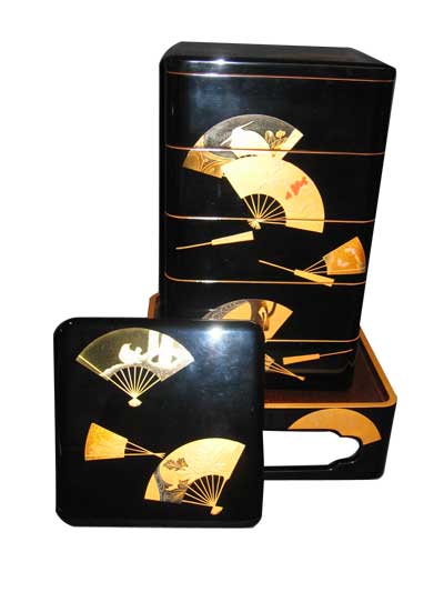 木製輪島塗内梨地扇面蒔絵五段重(台305角X105H）/重箱